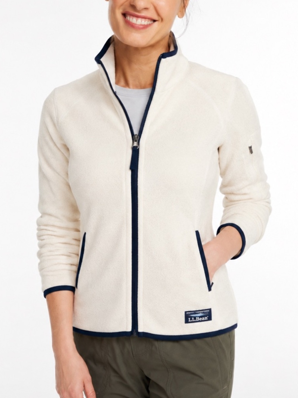L.L. Bean Women’s Cream Full-Zip Fleece with Navy Trim